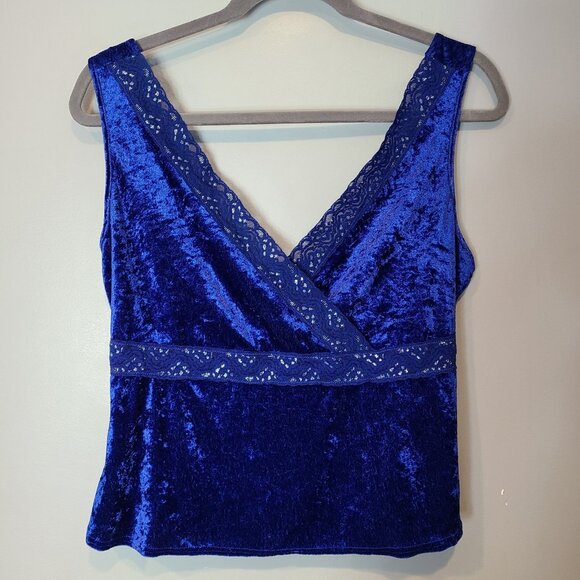 Vtg Y2K Babydoll Velvet Cami Lace Trim Fairy Tank Top Jewel Blue Size 1X Holiday - Picture 1 of 7